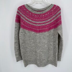 Ann Taylor LOFT Women's Gray Pink Mohair Wool Knit Yoke Fair Isle Sweater Size S